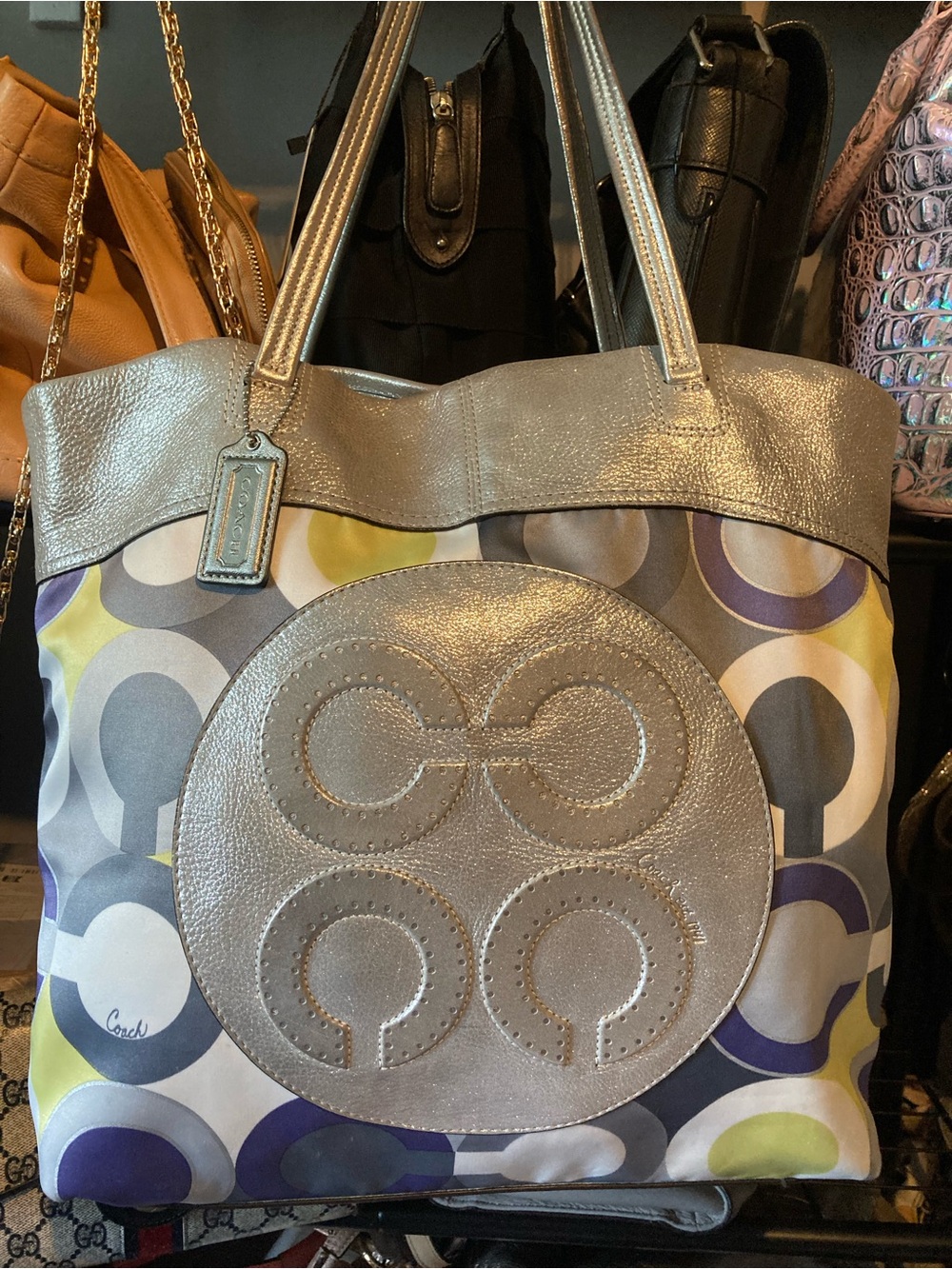 Coach Silver Metallic and Multicolor Circle Print Tote